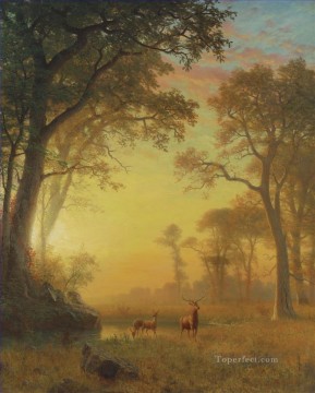 動物 Painting - 森の光 アメリカのアルバート・ビアシュタットの鹿の動物